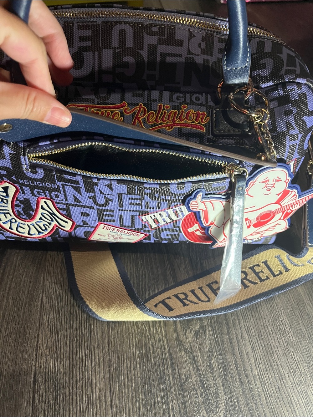 True Religion Navy Logo Satchel with Beige Strap and Patch Charms - Picture 6 of 10